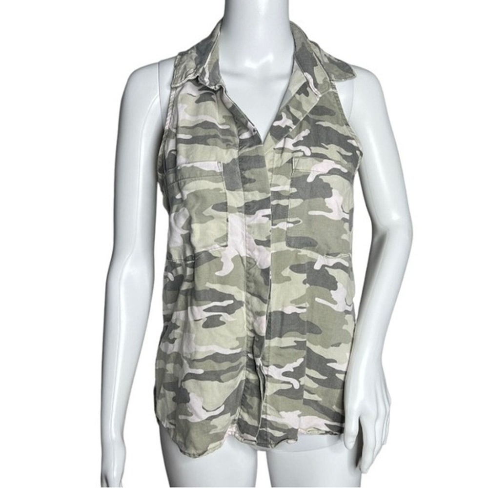 Anthropologie‎ Cloth & Stone Shirt Womens XS Button Up Gray Green Camo Utility